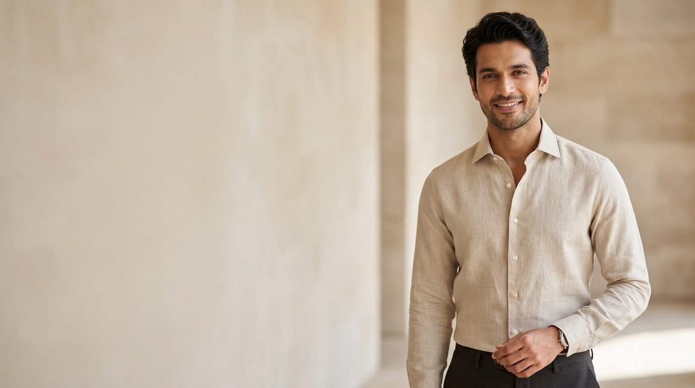 LookTrustyStyle menswear model in premium tailored beige shirt