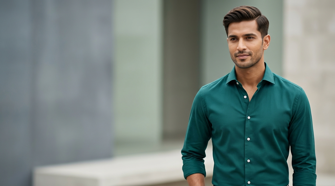 LookTrustyStyle menswear model in tailored deep teal emerald shirt